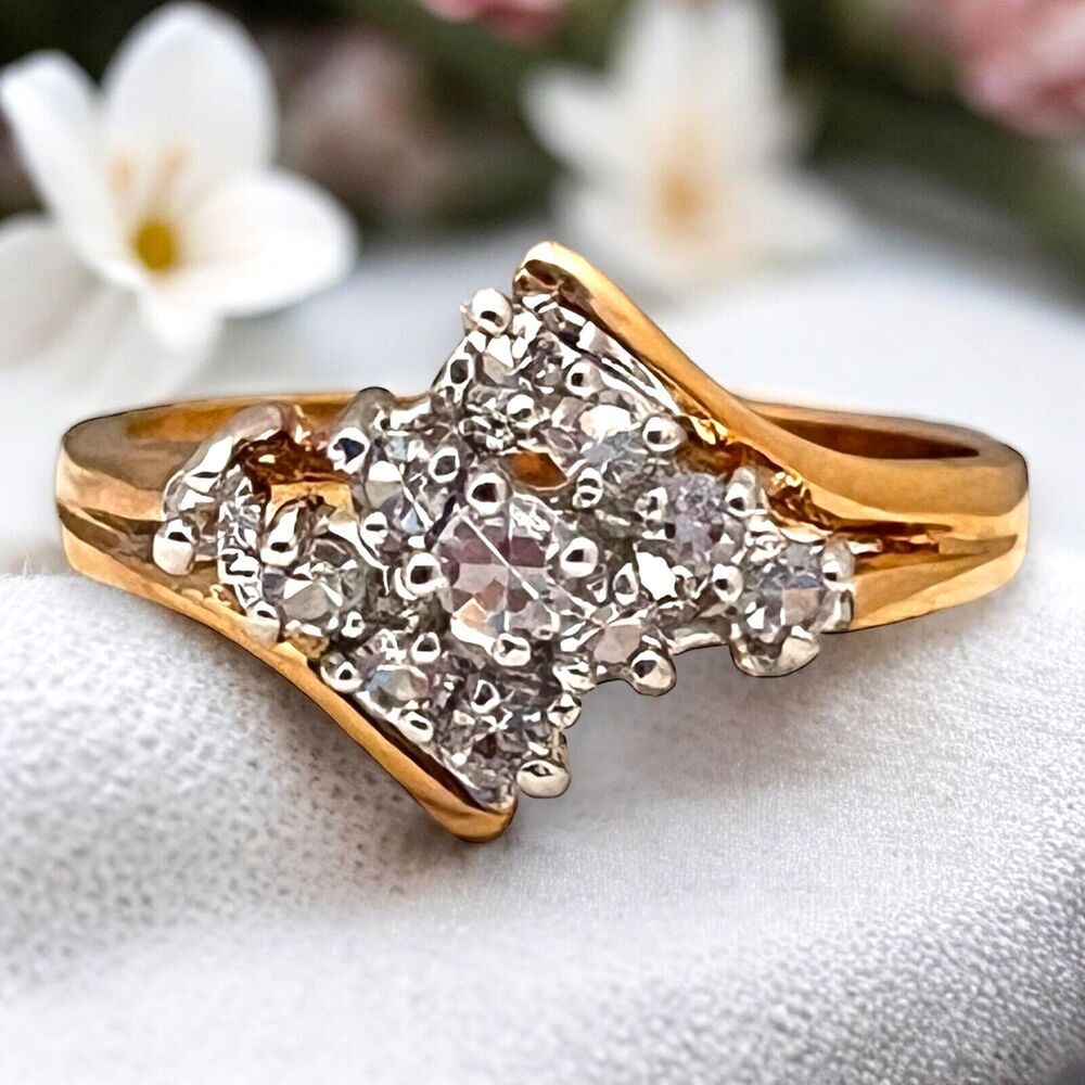Vintage 1980s CZ Cluster Ring Size 7 14KT Gold Electroplate Cocktail - 14H